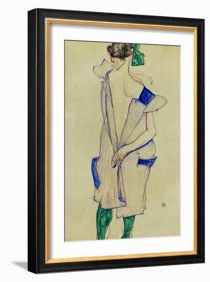 Standing Girl in Blue Dress and Green Stockings, 1913-Egon Schiele-Framed Giclee Print