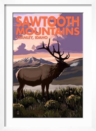 Stanley, Idaho, Sawtooth Mountains, Elk & Sunset, Contour, Lantern Press  Artwork, outdoor vinyl stickers