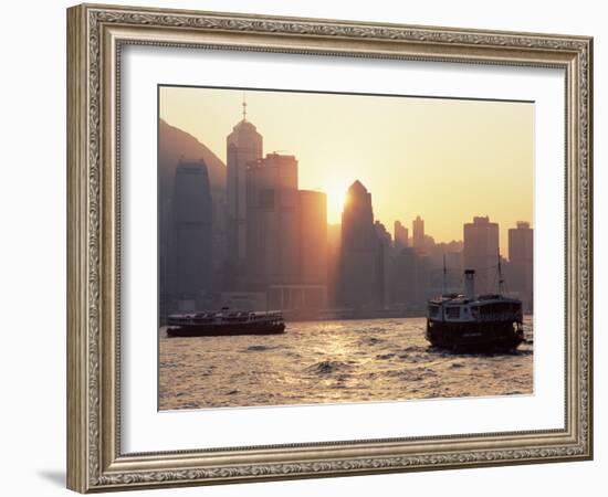 Star Ferries, Victoria Harbour and Hong Kong Island Skyline at Sunset, Hong Kong, China, Asia-Amanda Hall-Framed Photographic Print