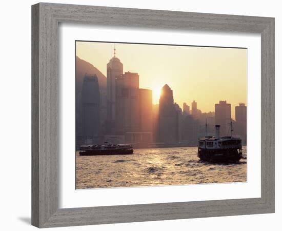 Star Ferries, Victoria Harbour and Hong Kong Island Skyline at Sunset, Hong Kong, China, Asia-Amanda Hall-Framed Photographic Print