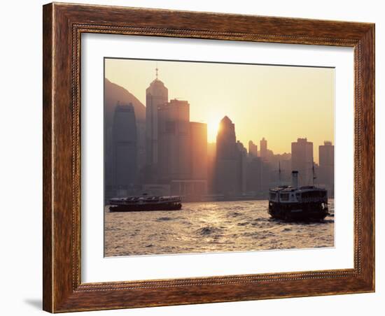 Star Ferries, Victoria Harbour and Hong Kong Island Skyline at Sunset, Hong Kong, China, Asia-Amanda Hall-Framed Photographic Print