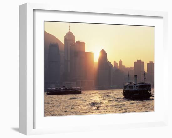 Star Ferries, Victoria Harbour and Hong Kong Island Skyline at Sunset, Hong Kong, China, Asia-Amanda Hall-Framed Photographic Print