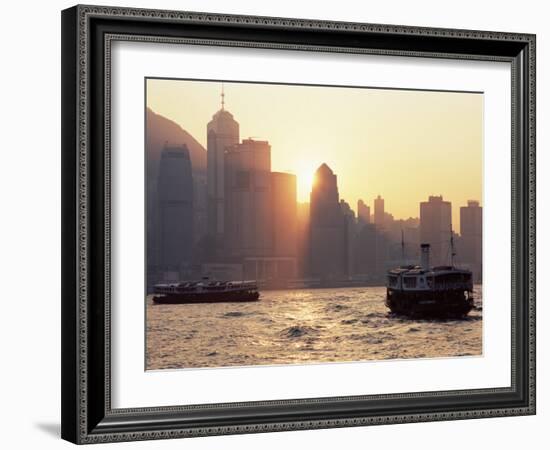 Star Ferries, Victoria Harbour and Hong Kong Island Skyline at Sunset, Hong Kong, China, Asia-Amanda Hall-Framed Photographic Print