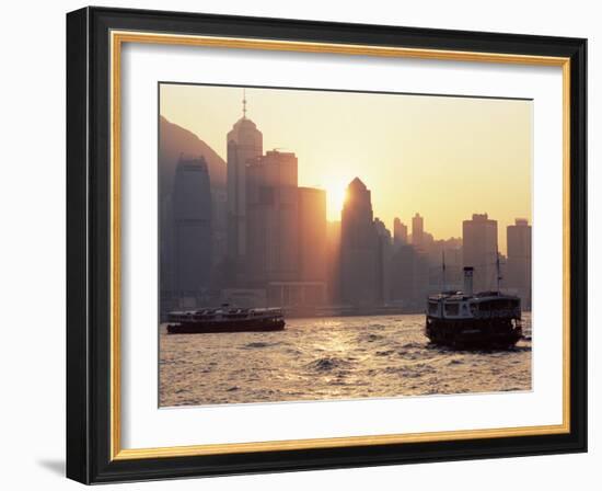 Star Ferries, Victoria Harbour and Hong Kong Island Skyline at Sunset, Hong Kong, China, Asia-Amanda Hall-Framed Photographic Print
