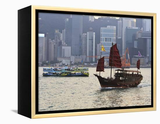 Star Ferry and Chinese Junk Boat on Victoria Harbour, Hong Kong, China, Asia-Amanda Hall-Framed Premier Image Canvas