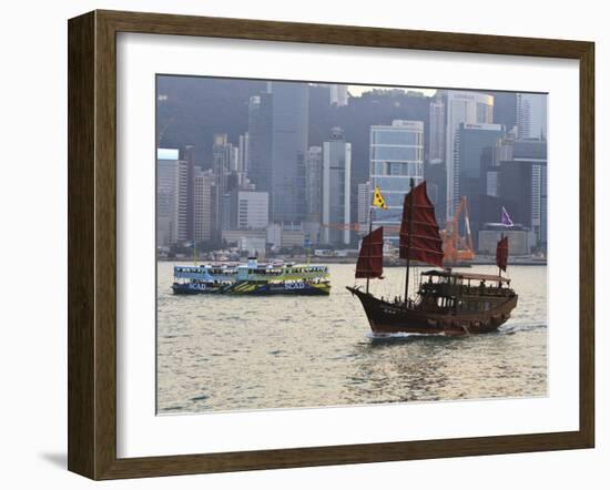 Star Ferry and Chinese Junk Boat on Victoria Harbour, Hong Kong, China, Asia-Amanda Hall-Framed Photographic Print