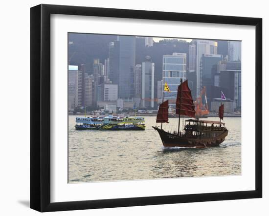 Star Ferry and Chinese Junk Boat on Victoria Harbour, Hong Kong, China, Asia-Amanda Hall-Framed Photographic Print