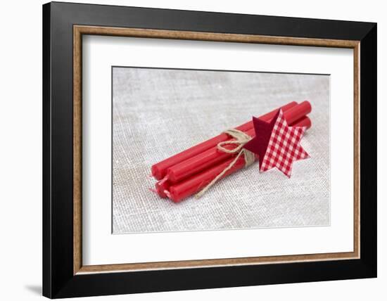 Star of Bethlehem and Candles on linen material, still life-Andrea Haase-Framed Photographic Print