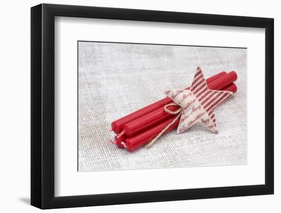 Star of Bethlehem and Candles on linen material, still life-Andrea Haase-Framed Photographic Print