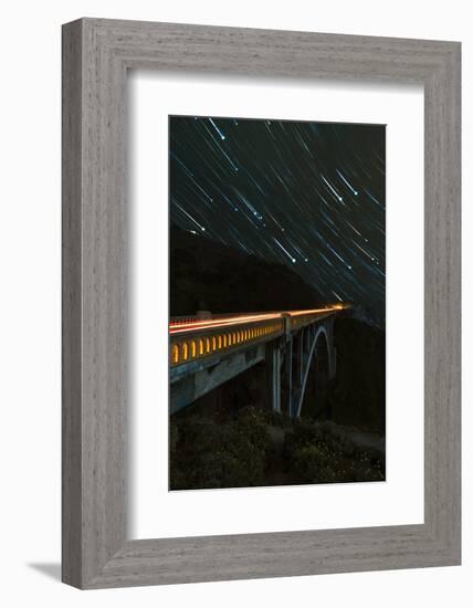 Star trails and light trails over the Big Sur's Bixby Creek Bridge near Monterey, California-David Chang-Framed Photographic Print