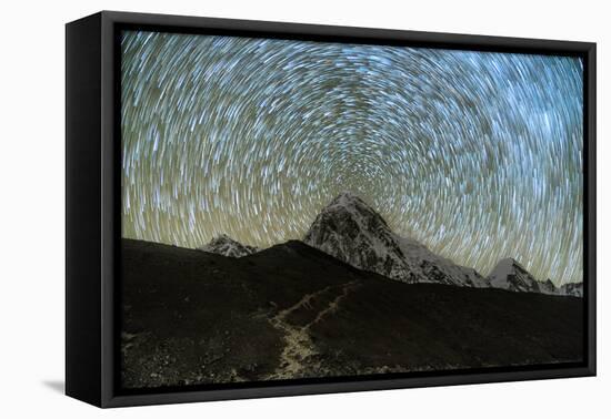 Star trails over Pumori Peak in the Himalayas, Nepal hiking to Everest Base Camp from Gorak Shep-David Chang-Framed Premier Image Canvas