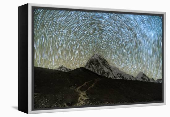 Star trails over Pumori Peak in the Himalayas, Nepal hiking to Everest Base Camp from Gorak Shep-David Chang-Framed Premier Image Canvas