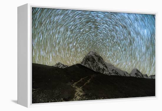 Star trails over Pumori Peak in the Himalayas, Nepal hiking to Everest Base Camp from Gorak Shep-David Chang-Framed Premier Image Canvas