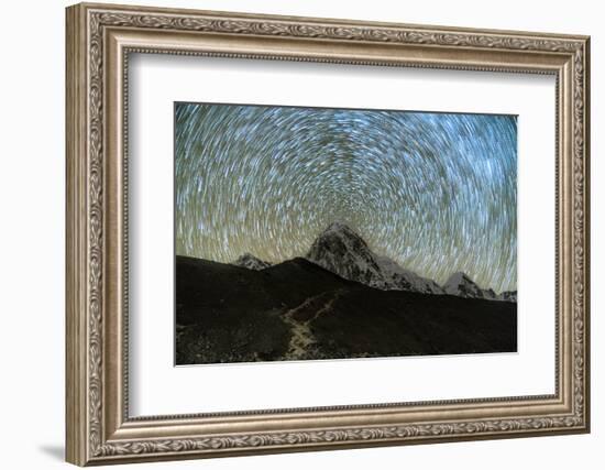 Star trails over Pumori Peak in the Himalayas, Nepal hiking to Everest Base Camp from Gorak Shep-David Chang-Framed Photographic Print