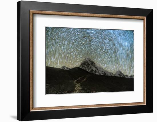 Star trails over Pumori Peak in the Himalayas, Nepal hiking to Everest Base Camp from Gorak Shep-David Chang-Framed Photographic Print