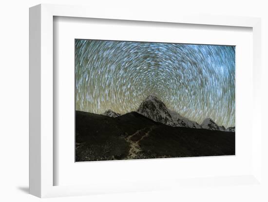 Star trails over Pumori Peak in the Himalayas, Nepal hiking to Everest Base Camp from Gorak Shep-David Chang-Framed Photographic Print