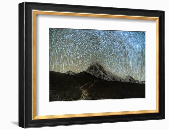 Star trails over Pumori Peak in the Himalayas, Nepal hiking to Everest Base Camp from Gorak Shep-David Chang-Framed Photographic Print