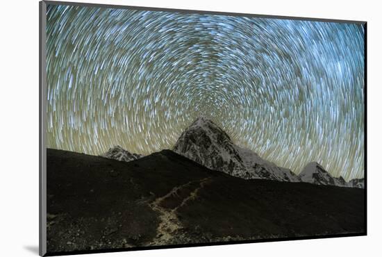 Star trails over Pumori Peak in the Himalayas, Nepal hiking to Everest Base Camp from Gorak Shep-David Chang-Mounted Premium Photographic Print