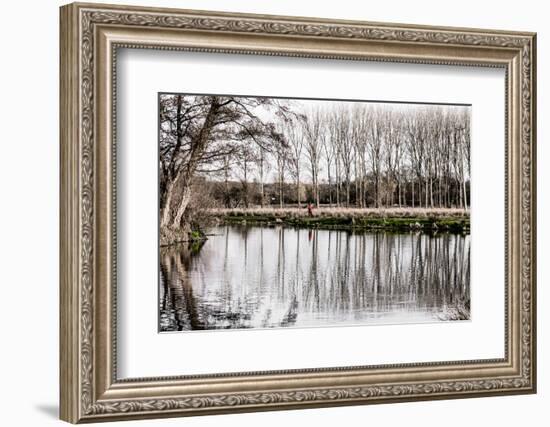 Stark monochrome image of River Wey navigation in winter-Charles Bowman-Framed Photographic Print