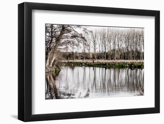 Stark monochrome image of River Wey navigation in winter-Charles Bowman-Framed Photographic Print