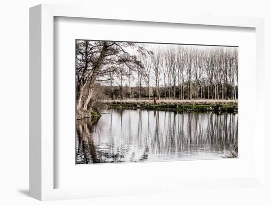 Stark monochrome image of River Wey navigation in winter-Charles Bowman-Framed Photographic Print