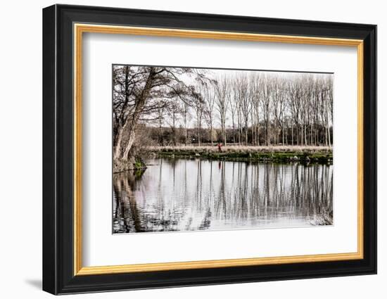 Stark monochrome image of River Wey navigation in winter-Charles Bowman-Framed Photographic Print