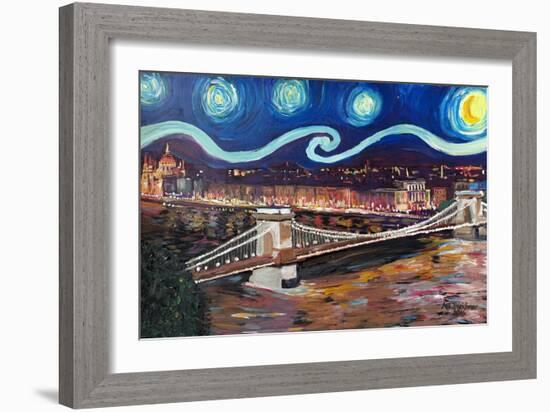 Starry Night in Budapest Hungary with Danube-Martina Bleichner-Framed Art Print