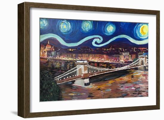 Starry Night in Budapest Hungary with Danube-Martina Bleichner-Framed Art Print