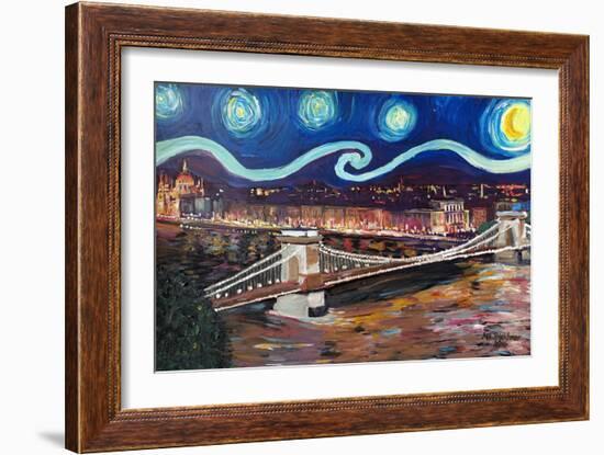 Starry Night in Budapest Hungary with Danube-Martina Bleichner-Framed Art Print