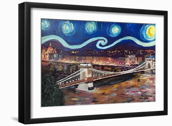 Starry Night in Budapest Hungary with Danube-Martina Bleichner-Framed Art Print