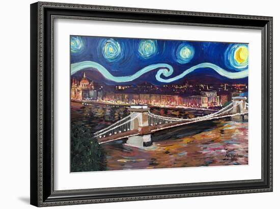 Starry Night in Budapest Hungary with Danube-Martina Bleichner-Framed Art Print