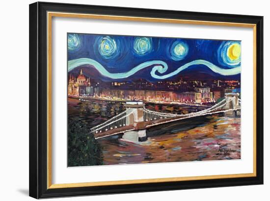 Starry Night in Budapest Hungary with Danube-Martina Bleichner-Framed Art Print