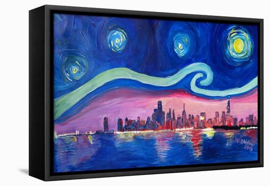 Starry Night in Chicago Illinois with Lake Michiga-Martina Bleichner-Framed Stretched Canvas