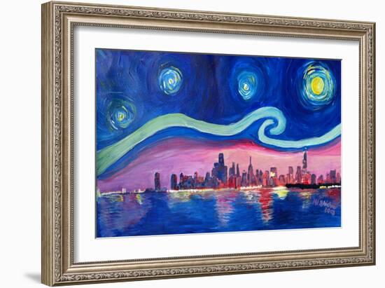 Starry Night in Chicago Illinois with Lake Michiga-Martina Bleichner-Framed Art Print