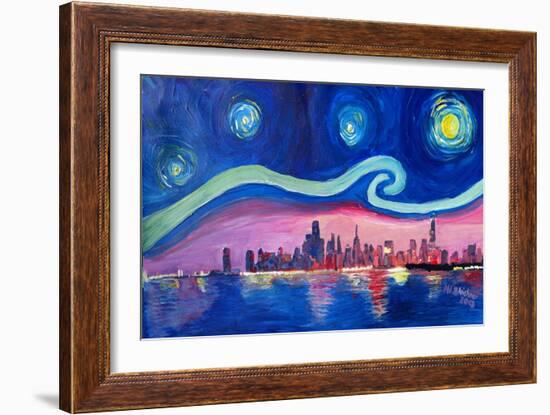 Starry Night in Chicago Illinois with Lake Michiga-Martina Bleichner-Framed Art Print