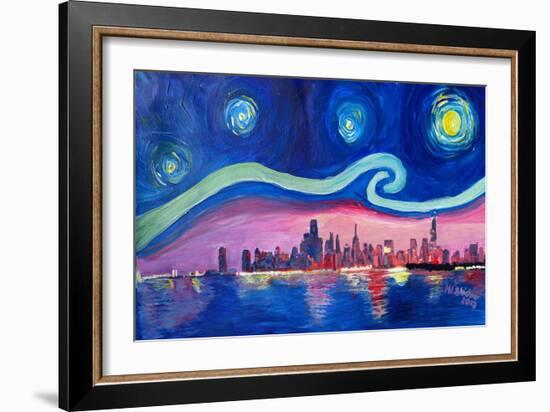 Starry Night in Chicago Illinois with Lake Michiga-Martina Bleichner-Framed Art Print