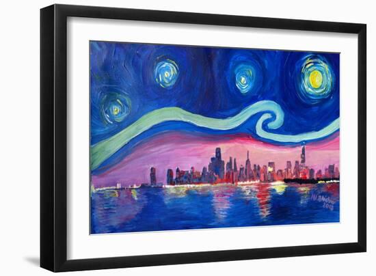 Starry Night in Chicago Illinois with Lake Michiga-Martina Bleichner-Framed Art Print