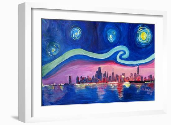 Starry Night in Chicago Illinois with Lake Michiga-Martina Bleichner-Framed Art Print