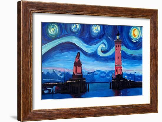 Starry Night in Lindau with Lion and Lighttower-Markus Bleichner-Framed Art Print