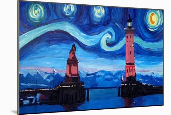 Starry Night in Lindau with Lion and Lighttower-Markus Bleichner-Mounted Art Print