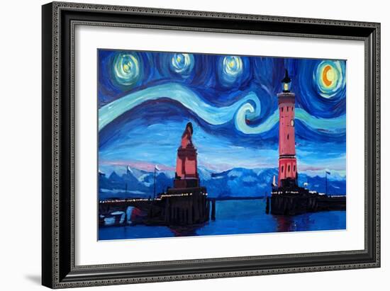 Starry Night in Lindau with Lion and Lighttower-Markus Bleichner-Framed Art Print
