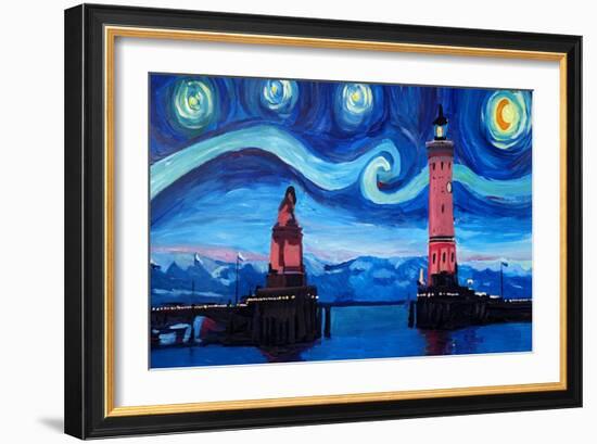 Starry Night in Lindau with Lion and Lighttower-Markus Bleichner-Framed Art Print