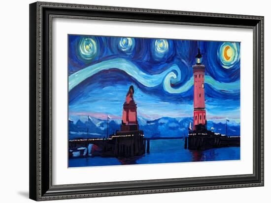 Starry Night in Lindau with Lion and Lighttower-Markus Bleichner-Framed Premium Giclee Print