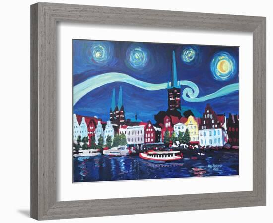 Starry Night in Luebeck Germany with Van Gogh Insp-Martina Bleichner-Framed Art Print