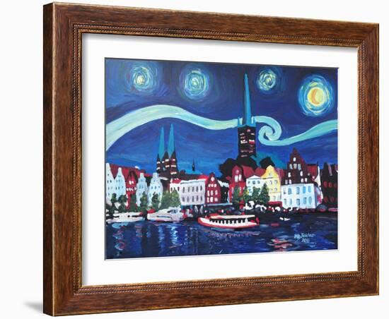 Starry Night in Luebeck Germany with Van Gogh Insp-Martina Bleichner-Framed Art Print