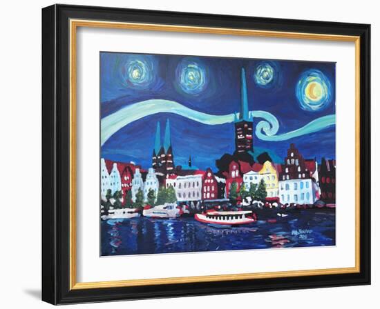 Starry Night in Luebeck Germany with Van Gogh Insp-Martina Bleichner-Framed Art Print