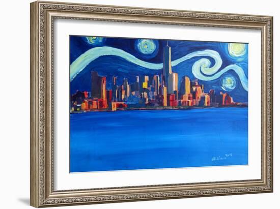 Starry Night in New York City Manhattan Skyline-Markus Bleichner-Framed Art Print