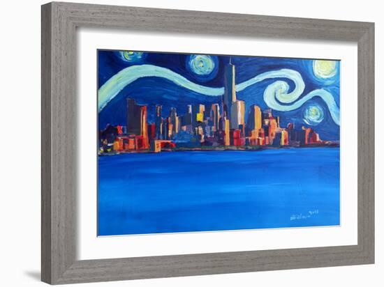 Starry Night in New York City Manhattan Skyline-Markus Bleichner-Framed Art Print