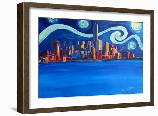 Starry Night in New York City Manhattan Skyline-Markus Bleichner-Framed Art Print