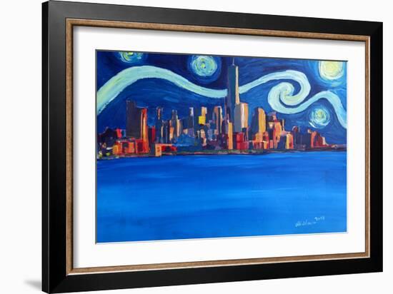 Starry Night in New York City Manhattan Skyline-Markus Bleichner-Framed Art Print